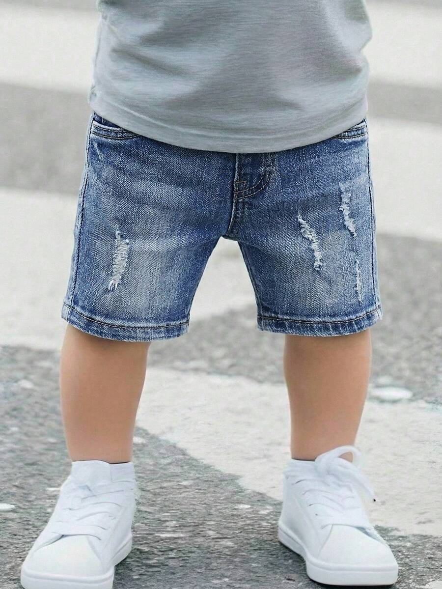Pantalones cortos elásticos de mezclilla azul rasgados para niños pequeños - Lavado ligero - Ver 1