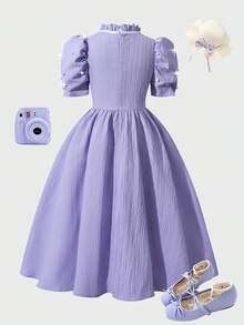 SHEIN Đầm vải dệt màu xanh dương dành cho bé gái tuổi teen, tay áo đính hạt ngọc trai giả và nơ rỗng trang trí, thích hợp cho các dịp trang trọng và sự kiện. - Màu tím - Xem 2