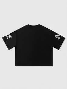 ROMWE MEN Street Life Rhinestone Print Loose Short Style T-Shirt For Men - Black - View 3
