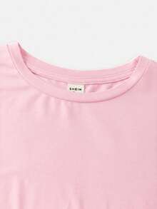 SHEIN Girlism 2pcs/Set Tween Girls Casual Fitted Pink Ruched Crew Neck Top And Ruched Flare Pants Outfit - Pink - View 4