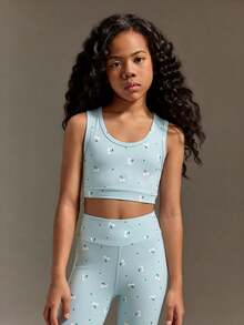 Tween Girls Activewear Set, Colorful Pattern, Bright & Vivid, Top With Cutout Back Design + Pants Set, Suitable For Gymnastics Training, Daily Wear, And Casual Outings - Baby Blue - View 3