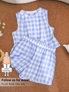CosyJoli Plus Size Women's Summer Light Blue Plaid Shorts 2 Pieces Set Round Neck Sleeveless Button Decor Gingham Outfit Everyday Smart Casual Boho Vacation - Blue - View 3