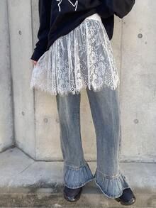 FRIFUL Women's Solid Color Sheer Lace Layered Skirt - White - View 6