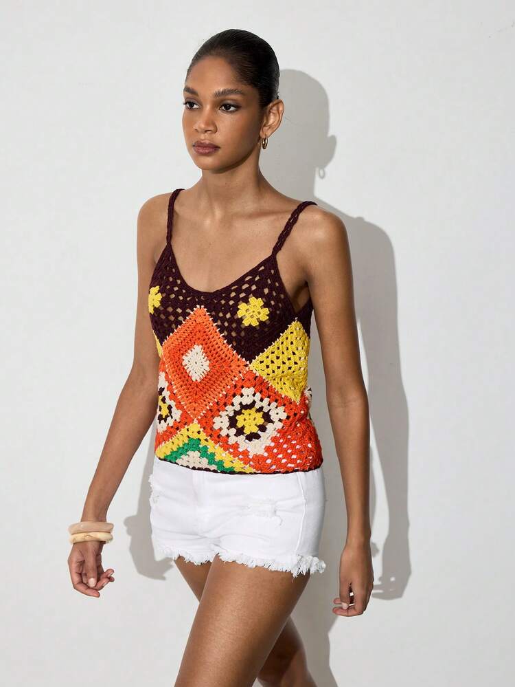 SHEIN Maija Women's Contrast Color Spaghetti Strap Sleeveless Hollow Out Fashionable Knit Top,Vacation Outfits Women