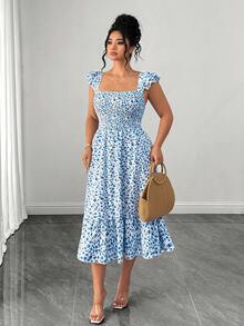 Elenzga Floral Pattern Square Neck Ruffle Sleeve Gathered Bust A-Line Fashionable Elegant Romantic Vacation Party Daily Wear Dress - Blue - View 7