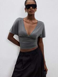 Women's Tencel Ruched Waist Top – Elegant Stretchy Blouse For Summer Beach, Party & Vacation - Grey - View 3