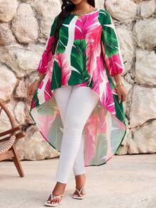 SHEIN Lady Plus Size Women's Autumn Boho Vacation Holiday White Tropical Print Lantern Sleeve Asymmetrical Hem Loose Blouse,Beach Summer Casual Floral Outfits - Multicolor - View 3
