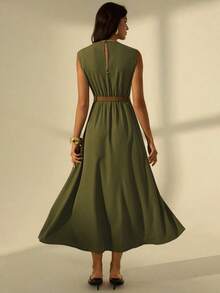 SHEIN Tall 女士纯色无袖连衣裙（含腰带），返校季 - 軍綠色 - 查看 3