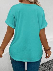 EMERY ROSE Camiseta versátil de manga corta con cuello en V y puños vueltos, de talla grande, para mujer, para primavera/verano - Azul - Ver 2