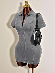 Mistrie Women's Denim Dress With High Slit - Light Grey - View 7