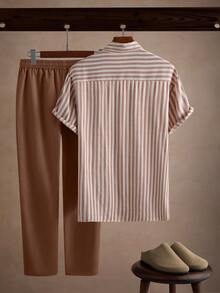 Core Aspect Men's Brown Striped Short Sleeve Shirt And Solid Color Drawstring Pants,2-Piece Set Casual Summer Vacation Holiday Linen Set Vintage Outfit For Men - Multicolor - View 2