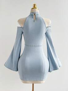 SHEIN Tight-Fitting Mini Off-Shoulder Wide-Sleeve Denim Dress - Blue - View 2