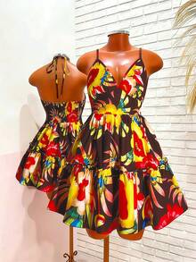 Maweii Vestido Longo Mulheres Plus Size com Estampa Floral Tropical, Cintura Elástica Franzida, Decote Nas Costas, Bainha Franzida, Adequado para Festa, Praia, Férias - Multicolorido - Visão 4