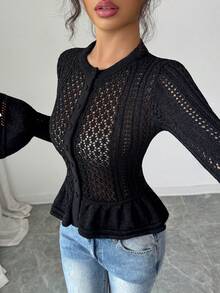 Xyvia Áo khoác cardigan dệt kim cổ tròn tay chuông tối giản gợi cảm dành cho nữ, thích hợp cho mùa xuân/hè. - màu đen - Xem 5
