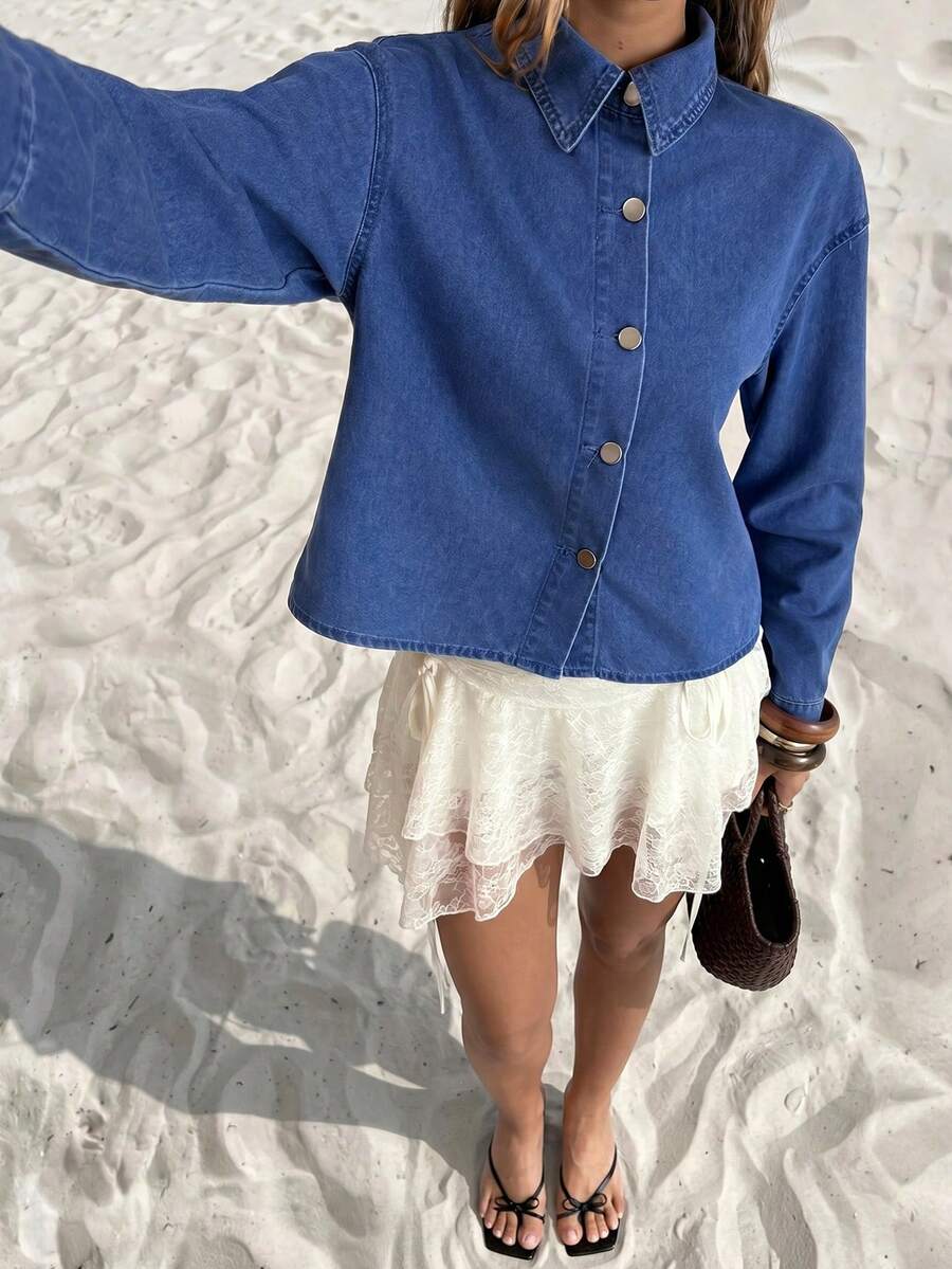 Sunnyshic Casual Semester Snörning Rygglös Jeansjacka För Dam - Blå - Visa 1