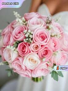 Bó hoa hồng nhân tạo 26 bông màu hồng, hoa giả dùng trang trí phòng cưới, phòng ngủ, nhà cửa, có đèn dây, lý tưởng cho bó hoa cưới và hoa cầm tay. - Hồng - Xem 1