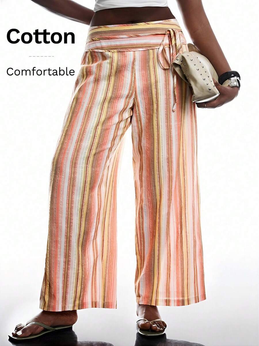 SHEIN EZwear Pantalones casuales de talla grande con emparchado de rayas de colores y nudo, para primavera/verano - Naranja - Ver 1
