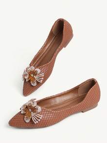 CUCCOO CHICEST 尖头平底舒适时尚百搭仙女水钻蝴蝶花童软底棕色低帮平底鞋 - 棕色 - 查看 11