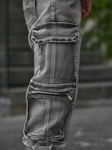 Devon Thys Men's Multi-Pocket Simple Fashion Multi-Pocket Denim Jeans, Casual Everyday Wear - Grey - View 3
