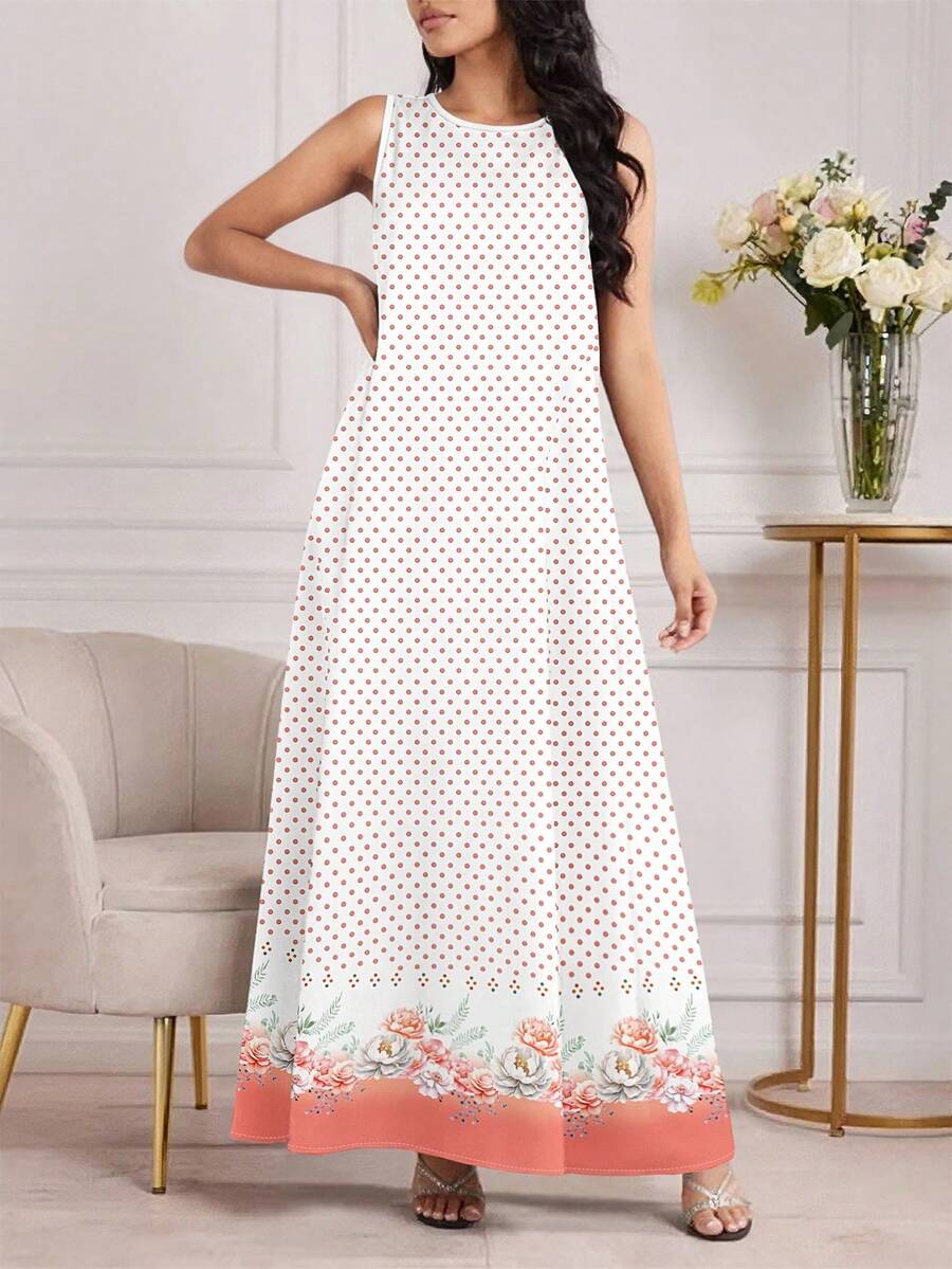 SHEIN Najma Đầm dài không tay cổ tròn in họa tiết chấm bi và hoa dâm bụt, kiểu dáng thường ngày, thích hợp cho nữ, mùa hè. - Nhiều màu - Xem 1
