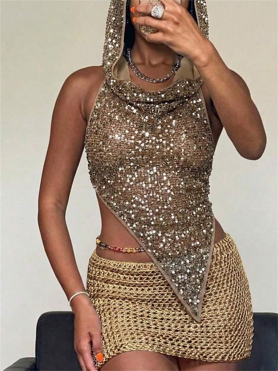 Aloruh 女士性感透视串珠刺绣连帽上衣，适合音乐节穿着