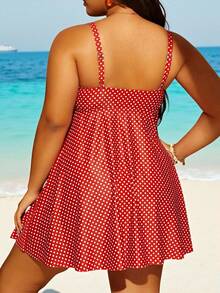 Swim Lushoire Plus Size Summer Beach Polka Dot Print Tie Front Swimsuit Dress - Red and White - View 2