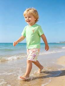 Bộ áo thun cổ tròn in họa tiết và quần short cho bé trai, kiểu dáng giản dị và thoải mái, thích hợp mặc hàng ngày vào mùa hè, đi chơi và đến trường. - Nhiều màu - Xem 1