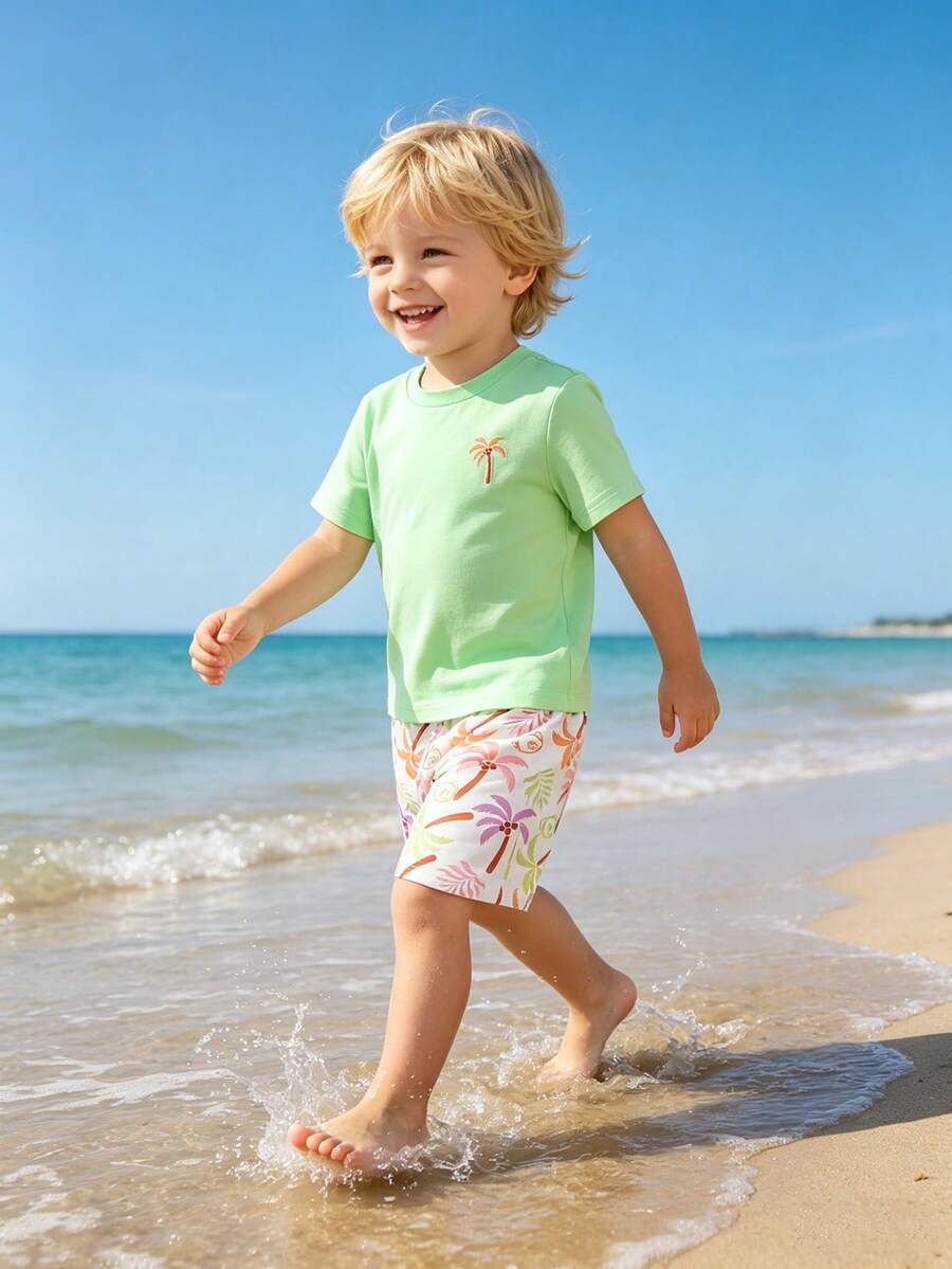 Bộ áo thun cổ tròn in họa tiết và quần short cho bé trai, kiểu dáng giản dị và thoải mái, thích hợp mặc hàng ngày vào mùa hè, đi chơi và đến trường. - Nhiều màu - Xem 1