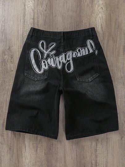 Manfinity Joysei Summer Street Fashion Retro High-End Precise Letter Embroidery Denim Shorts, Casual Niche Wide-Leg Shorts Shorts With Vintage Written On Them For Men