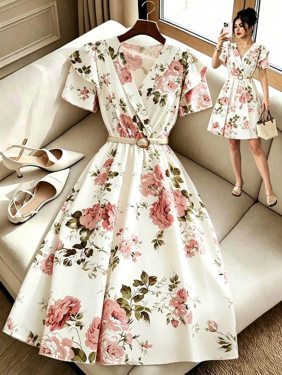 Qadelle Mẫu đầm mới về: Đầm casual tay loe cổ chữ V in hoa, thanh lịch, thích hợp cho kỳ nghỉ và mặc hàng ngày. - Nhiều màu - Xem 1