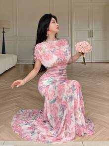 Modelyn 优雅印花雪纺连衣裙，褶裥设计，尽显高贵气质，时尚优雅的夏季晚礼服，女士款 - 粉色 - 查看 5