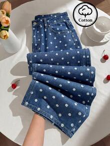 SHEIN Comfortcana Quần jeans nữ kiểu dáng thường ngày, họa tiết chấm bi, túi xéo. - Rửa nhẹ - Xem 5