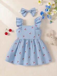 SHEIN 2件套女婴/幼儿夏季无袖水彩印花连衣裙和发带套装 - 淺藍色 - 查看 2
