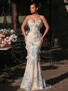 Glamrae Đầm maxi dáng đuôi cá, thanh lịch, mềm mại, nhiều màu xanh dương, chất liệu chiffon, họa tiết hoa, dây mảnh, xếp tầng, thích hợp cho các buổi hẹn hò, kỳ nghỉ, tiệc độc thân, đám cưới, đi biển, lễ tốt nghiệp, hoặc làm đầm dạ hội cho nữ. - Nhiều màu - Xem 7