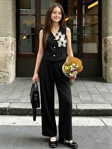 SHEIN 女童休闲牛仔背心裤套装，基础款V领无袖上衣搭配宽松直筒牛仔裤，适合春、夏、秋季海滩、度假、休闲聚会和节假日穿着，也适合外出和毕业典礼等场合。 - 黑色 - 查看 7