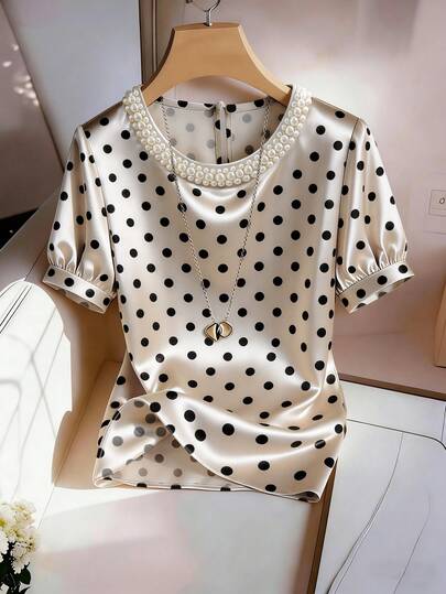 Franclia Elegant Minimalist Round Neck Pearl Embellished Polka Dot Print Loose Casual Travel Commute Blouse For Women