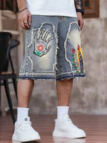 Manfinity EMRG Plus Size Men's Denim Patchwork Print Wide Leg Shorts, Holiday - Light Wash - View 4