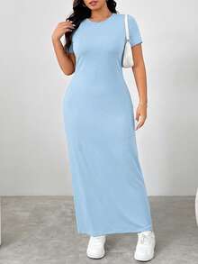 SHEIN EZwear Plus Size Solid Color Round Neck Fitted Summer Short Sleeve Dress, Blue - Blue - View 4