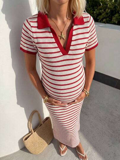 SHEIN Summer Outfits,  Maternity Clothes,Maternity Dress,Red Collared Striped Knit Dress For Pregnant Women, Suitable For Casual Everyday Wear, With A Basic Slim Fit.,Maternity Casual Striped Dress For Summer Pregnant Women Outfits Pregnancy Clothes Dress New Maternity Fashion Maternity Striped Dress Striped Polo Dress Maternity Outfit For Pregnant Pregnancy Outfits For Summer Pregnancy Outfits For Photoshoot Outfit For Pregnant Women