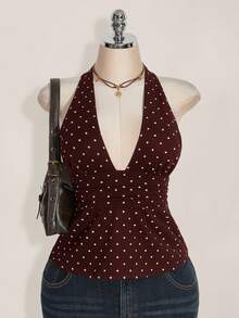 SHEIN ICON Plus Size V-Neck Cinched Waist A-Line Backless Polka Dot Camisole, Retro Y2K Halter Babydoll Top - Brown - View 1