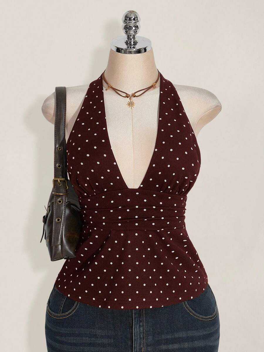 SHEIN ICON Plus Size V-Neck Cinched Waist A-Line Backless Polka Dot Camisole, Retro Y2K Halter Babydoll Top - Brown - View 1