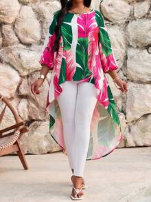 SHEIN Lady Plus Size Women's Autumn Boho Vacation Holiday White Tropical Print Lantern Sleeve Asymmetrical Hem Loose Blouse,Beach Summer Casual Floral Outfits - Multicolor - View 1