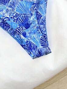 SHEIN Teen Girl/Teen Girls Shell Print Halter Bikini Sets,Casual Vacation Beach Style For Teens Two Pieces Swimwear Bathing Suits Swimwears 2 - Blue - View 3