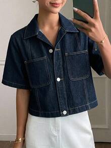 Livesso Áo khoác denim nữ mùa hè kiểu dáng thường ngày có túi và cài nút phía trước - Màu xanh lam - Xem 2