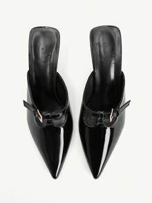 CUCCOO CHICEST Pointed Sexy Metal Buckle Black Patent Leather Mid-Heel Comfortable Versatile Fairy Temperament Female Closed Toe Slippers - Black - View 9