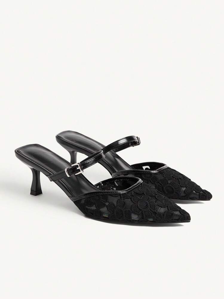 CUCCOO CHICEST Women Shoes Spring And Autumn Black Lace Flower Hollow Buckle With Pointed Thin Heel Sandals, Light And Elegant/Commuting Exquisite Style Daily Commuting, Dating, Workplace Commuting, Also Suitable For Small Parties/Light Social Occasions
