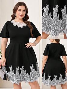 Levarali Plus Size Elegant Lace Hand-Embroidered Floral Black And White Dress,Short Sleeve Contrast Color Summer Wedding Guest Dress,Luxury Evening Outfits - Black and White - View 2