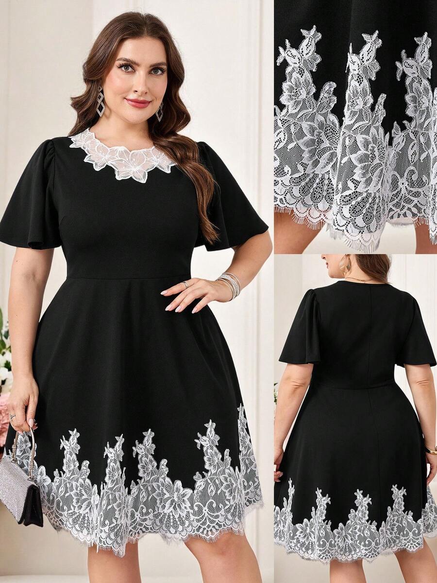 Levarali Plus Size Elegant Lace Hand-Embroidered Floral Black And White Dress,Short Sleeve Contrast Color Summer Wedding Guest Dress,Luxury Evening Outfits