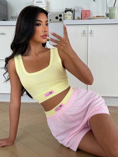 ZzzCrew 女士亮色撞色高弹柔软罗纹吊带背心短裤睡衣套装