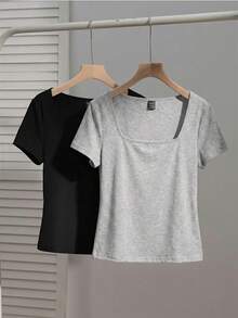 SHEIN EZwear 两件套女士方领短袖休闲修身性感T恤，适合秋冬季街头穿搭，黑色和灰色 - 彩色 - 查看 8